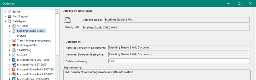 Trados Studio file type information window displaying details for 'Excelling Studio 2 XML' with no visible errors or warnings.