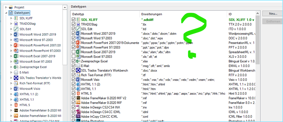 Screenshot of Trados Studio showing file types and extensions settings with a green question mark indicating confusion or an issue.
