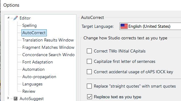 Trados Studio AutoCorrect options window showing unchecked 'Capitalize first letter of sentences' option.