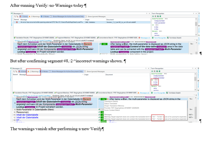 Screenshot of Trados Studio showing no warnings after running 'Verify' with the message 'An error has occurred while opening external TB file'.