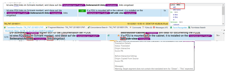 Screenshot of Trados Studio showing a warning message for a count discrepancy in the term 'links' which occurs 3 times in the source but only 2 times in the target translation as 'left'.