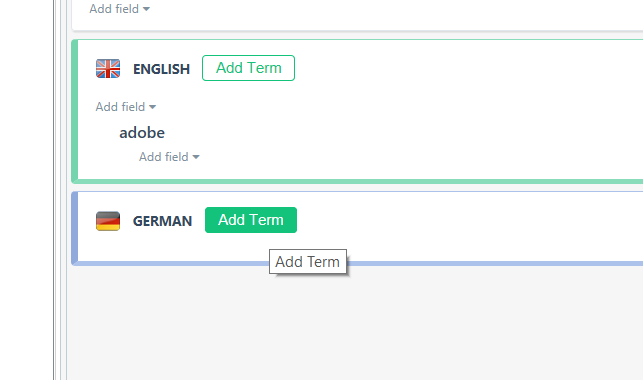 Trados Studio interface showing the 'Add Term' feature with English and German language options. The English section has 'adobe' typed in with an option to add another field.