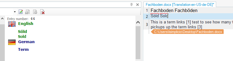 Screenshot of Trados Studio displaying a Termbase entry for the German terms 'Sold' and 'S ld', highlighting the issue with umlaut differentiation.