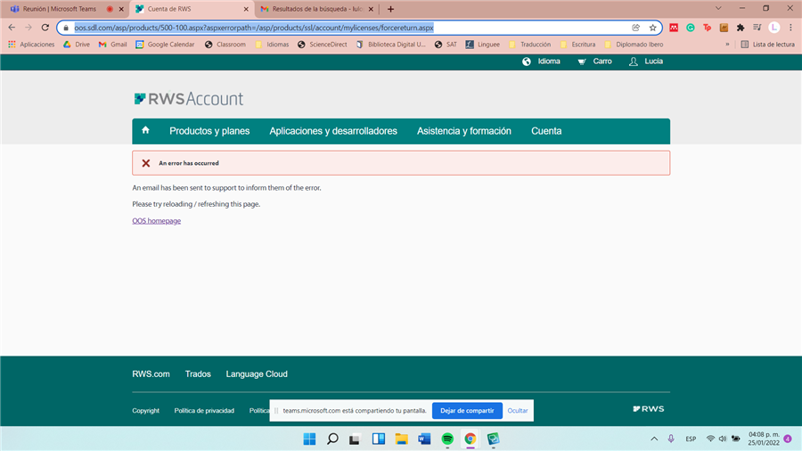 Screenshot of Trados Studio license reset error message stating 'An error has occurred' with instructions to reload the page and notification that an email has been sent to support.