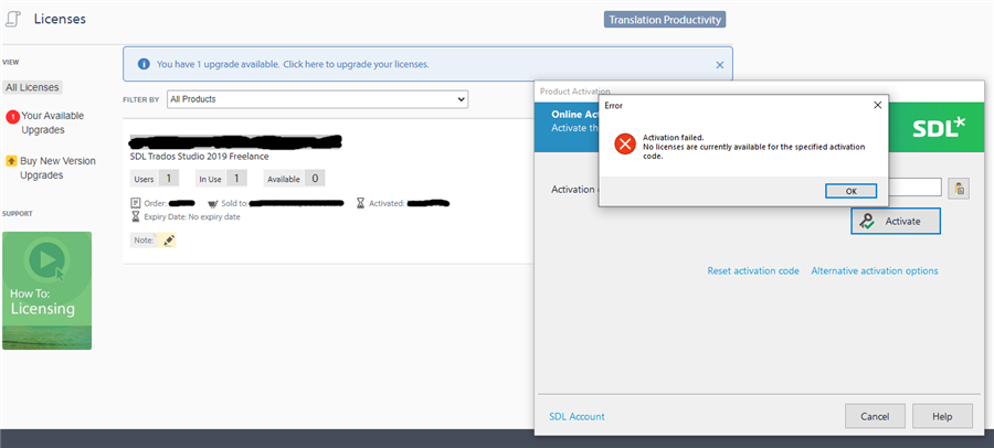 Screenshot of SDL Trados Studio licensing page showing one license for SDL Trados Studio 2019 Freelance in use with an upgrade available notification and a highlighted 'How To: Licensing' guide.