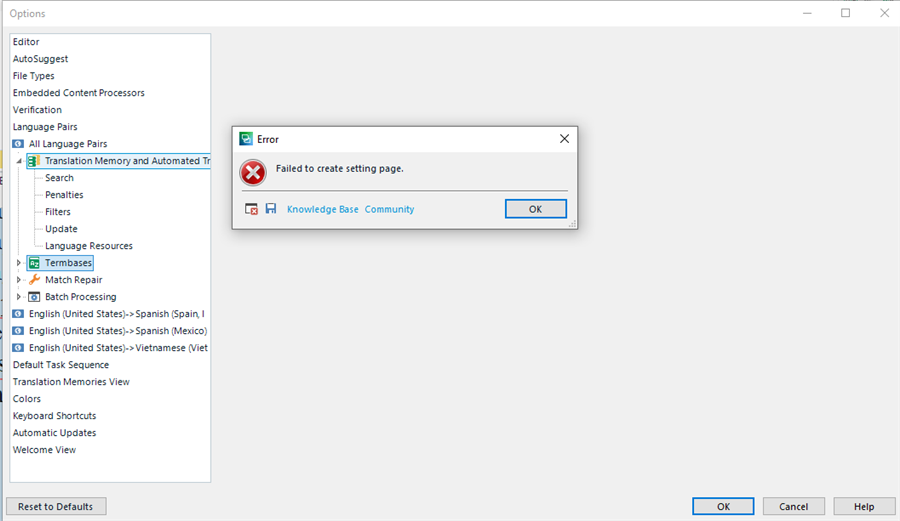 Trados Studio error message window saying 'Failed to create settings page' with an OK button, over the Translation Memory and Automated Translation settings.