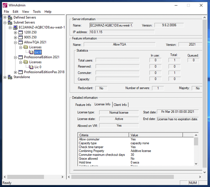 Screenshot of Trados Studio's WlmAdmin tool showing server information, feature information for 'AllowTQA' with version 2021, and detailed information including license type 'Normal license' and state 'Active'. No visible errors or warnings.