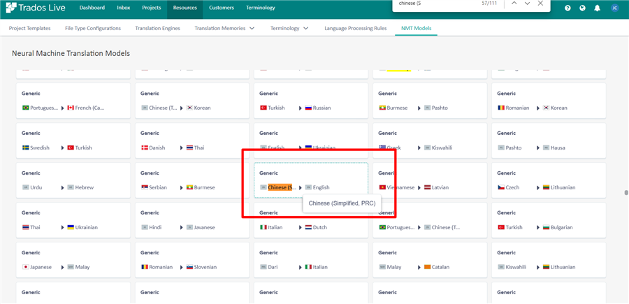 Language Cloud website displaying available Neural Machine Translation Models, with a red box highlighting the Chinese (Simplified) to English option.