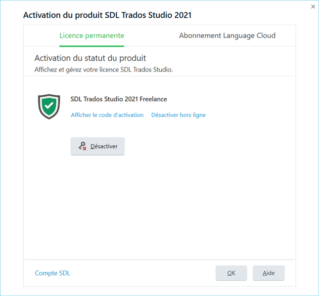 SDL Trados Studio 2021 product activation window showing Freelance license active with an option to deactivate.