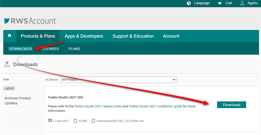 RWS Account webpage with navigation tabs 'Products & Plans', 'Apps & Developers', 'Support & Education', and 'Account'. Highlighted 'Licenses' tab under 'Products & Plans' with a red arrow pointing to 'Trados Studio 2021 SR2' download link.
