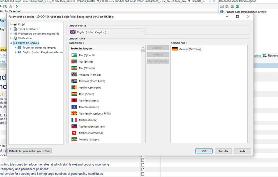 Screenshot of Trados Studio language pair selection screen showing English (United Kingdom) as the source language and German (Germany) selected as the target language.