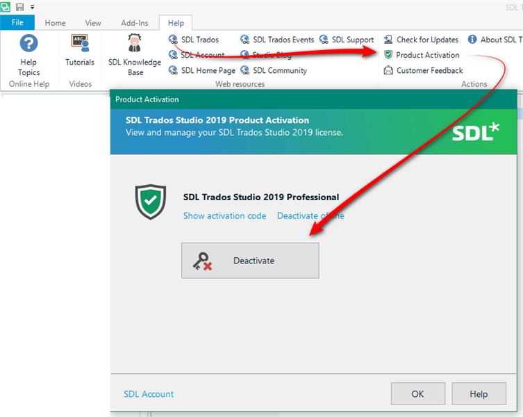 Trados Studio 2019 interface showing the Help menu expanded with an arrow pointing to Product Activation. A Product Activation dialog box is open with a green checkmark and the text 'SDL Trados Studio 2019 Professional' and a Deactivate button highlighted.