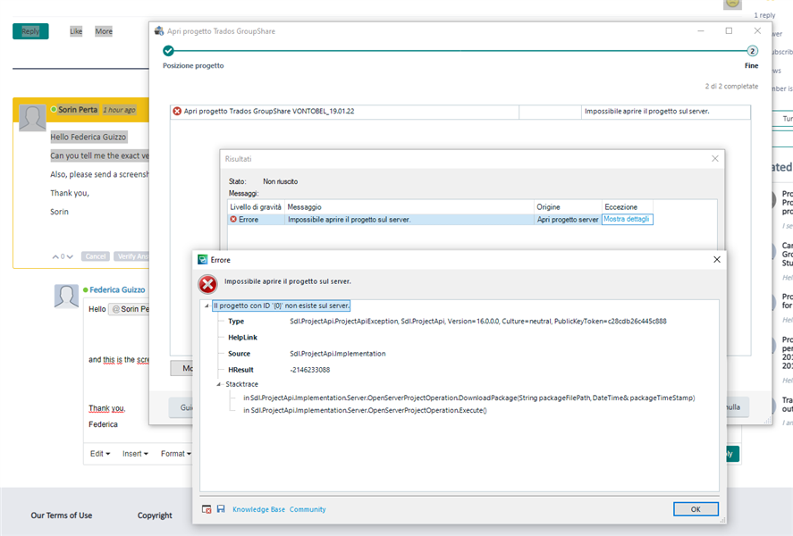 Email exchange between Sorin Perta and Federica Guizzo discussing a Trados Groupshare error. Sorin requests the exact version and a screenshot of the error.