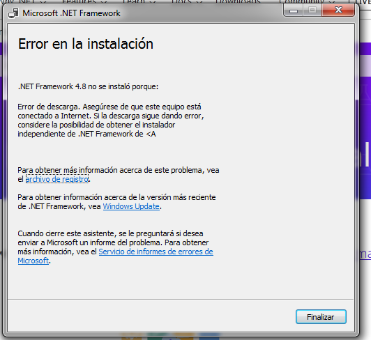Microsoft .NET Framework installation error message in Spanish indicating '.NET Framework 4.8 could not be installed due to a download error' with instructions to ensure internet connection and options to get more information or close the installer.