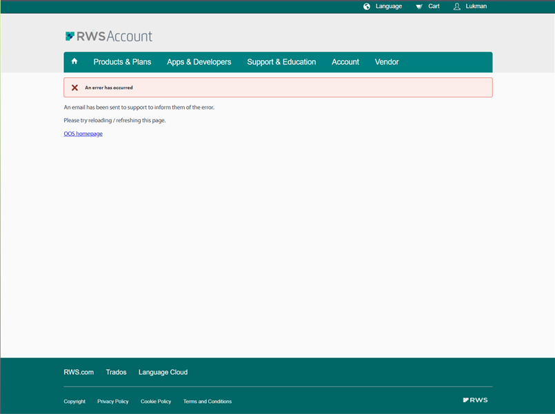 Screenshot of Trados Studio's RWS Account page displaying an error message. The message reads 'An error has occurred. An email has been sent to support to inform them of the error. Please try reloading refreshing this page.' with a link to the OOS homepage.