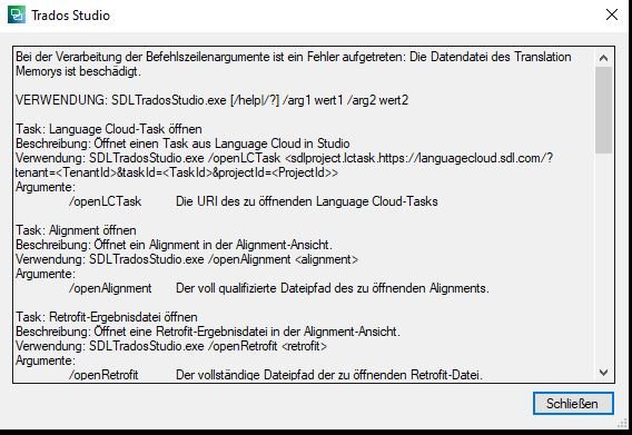 Error message in Trados Studio indicating a problem with command line arguments and a damaged Translation Memory file. It lists tasks for Language Cloud, Alignment, and Retrofit with their respective descriptions and arguments.