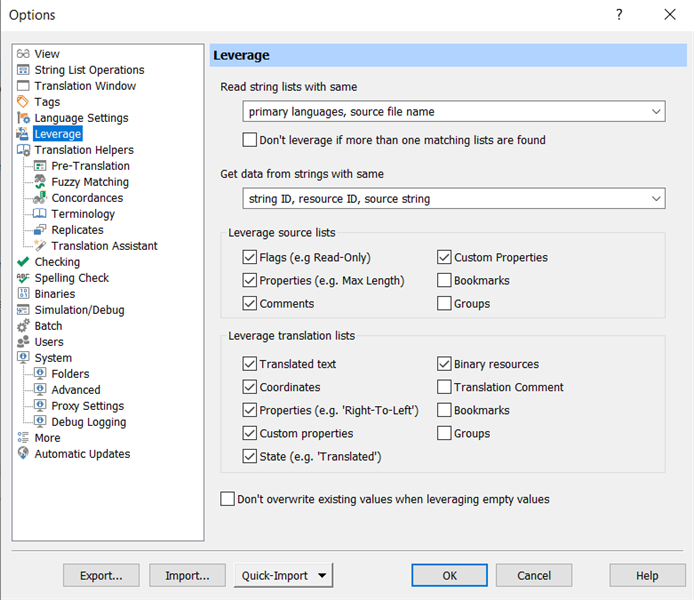 Passolo Options dialog box showing Leverage settings with options to read string lists with same primary languages, source file name, and get data from strings with same string ID, resource ID, source string.