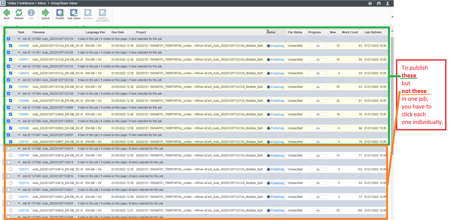 Screenshot of TMS Ideas GroupShare Inbox with multiple tasks listed. A red box highlights a section of tasks with a note indicating the need to publish only certain tasks individually, not all at once.