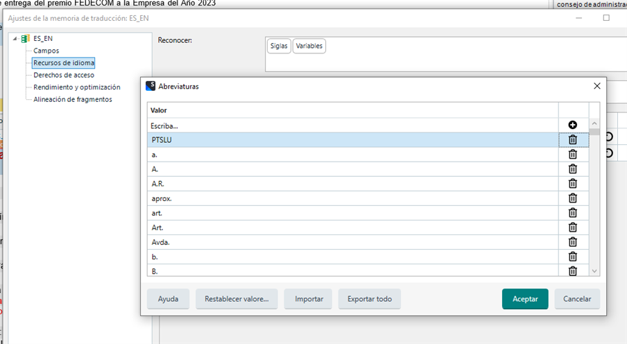 Screenshot of Trados Studio showing the abbreviation list in the Language Resources settings with options to add, remove, and modify entries.