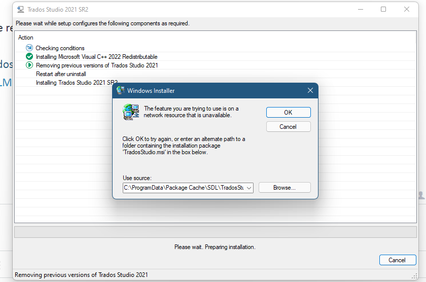 Windows Installer error message: 'The feature you are trying to use is on a network resource that is unavailable.' with an option to browse for an alternate path.