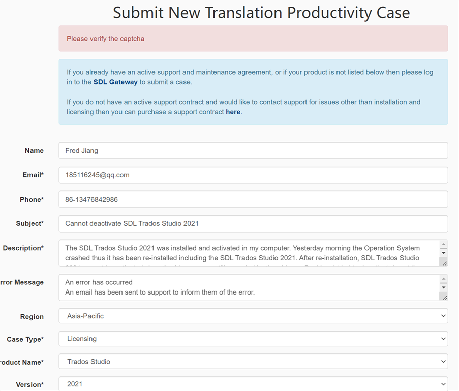 Submit New Translation Productivity Case form with fields for name, email, phone, subject, and description filled out, and an error message about verifying captcha despite no captcha being visible.