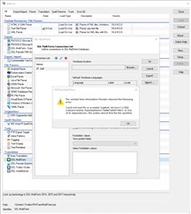 Trados Studio error message dialog box over the termbase selection window, indicating 'The selected file is an incompatible format. Select a file with one of the following extensions: .sdltb, .mdb, .edt, .txt, .csv, .xls, .xlsx'.