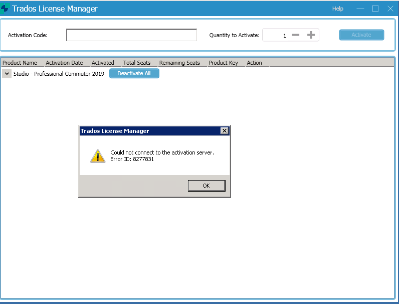 Trados License Manager window showing an error message: 'Could not connect to the activation server. Error ID: 8277831' with an OK button.