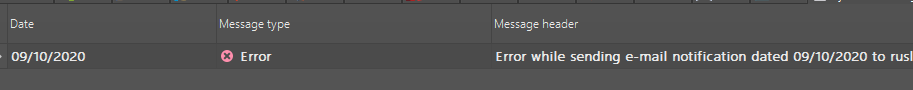 Error message in Trados Studio log stating 'Error while sending e-mail notification dated 09102020 to recipient.'