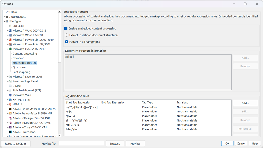 Screenshot of Trados Studio options menu with 'Embedded content' selected, showing tag definition rules for file type settings.