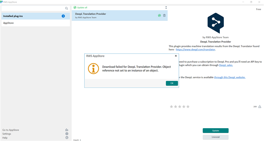 Screenshot of RWS AppStore showing an error message for DeepL Translation Provider: 'Download failed for DeepL Translation Provider. Object reference not set to an instance of an object.'