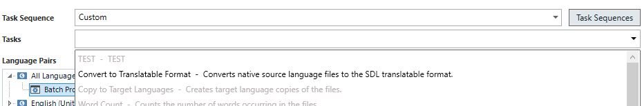Trados Studio screenshot showing a custom task sequence with tasks listed including 'Convert to Translatable Format', 'Copy to Target Languages', and 'Word Count'.