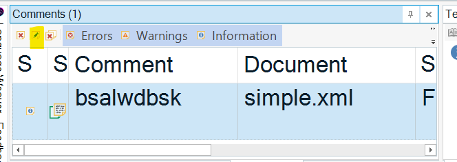 Comments window displaying a table with columns for errors, warnings, information, comment text 'bsalwdbsk', and document name 'simple.xml'.