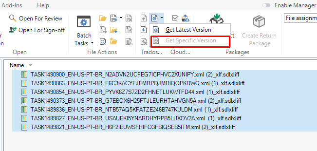 Trados Studio interface showing a list of .sdlxliff files with the 'Get Specific Version' button greyed out and unclickable.