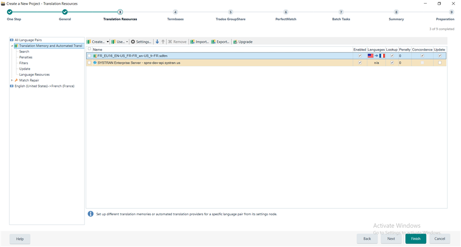 Trados Studio project creation window showing Translation Resources tab with a Translation Memory named 'FR_EN_US, EN_US-FR_FR.sdltm' and a plugin 'SYSTRAN Enterprise Server - spns@dev.systran.us' added as a Translation provider.