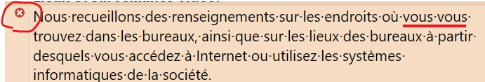 Error message in Trados Studio highlighting 'vous vous' as a repeated word, with a red 'X' icon indicating an issue.
