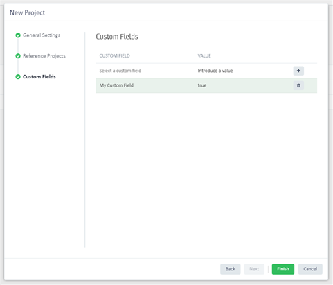 Trados Studio New Project window with Custom Fields tab selected, showing a custom field named 'My Custom Field' with value 'true'.