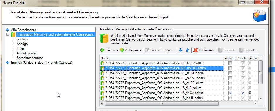 Screenshot of Trados Studio Ideas showing the Translation Memories and Automated Translation section with a list of TMs for a new project based on a legacy project.