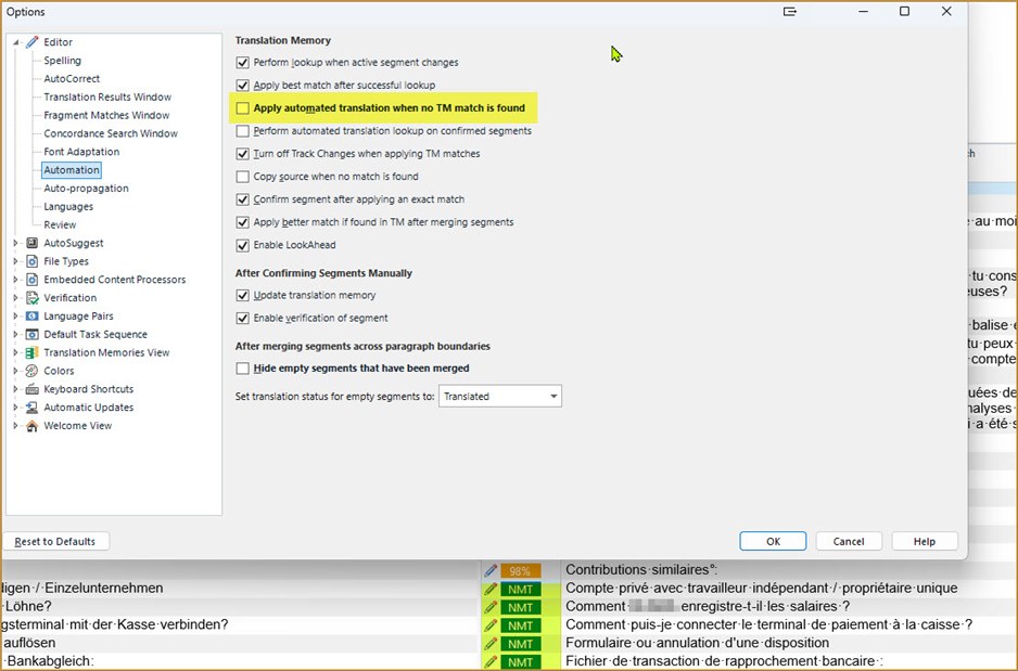 Screenshot of Trados Studio Options dialog. Editor settings are displayed with 'Apply automated translation when no TM match is found' option highlighted but not checked. The background shows a partial view of the translation workspace with NMT results.