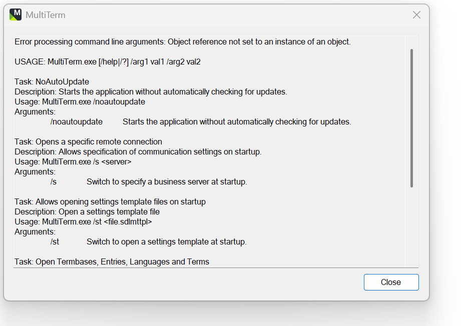 MultiTerm error window displaying the message: Error processing command line arguments: Object reference not set to an instance of an object. Includes usage instructions and task descriptions.