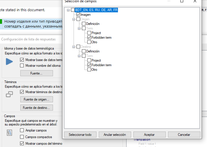 Trados Studio screenshot showing the 'Selection of fields' window with options for source and target term fields in multiple languages including English, Spanish, Russian, German, Arabic, and French.