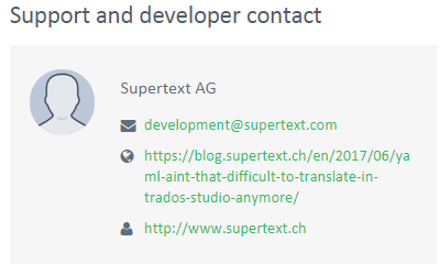 Support and developer contact section for Trados Studio YAML plugin. Shows SuperText AG with email development@supertext.com, a blog link, and website www.supertext.ch.
