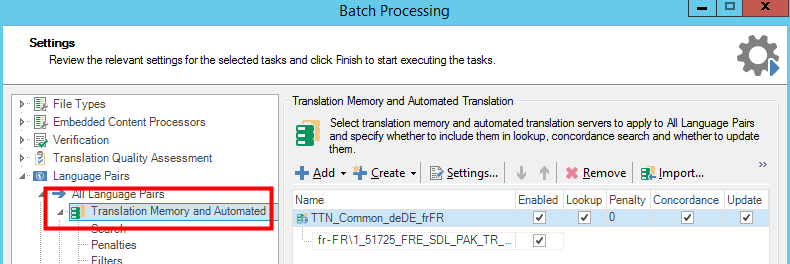 Screenshot of 'Batch Processing' settings showing 'Translation Memory and Automated Translation' section with a translation memory selected for a language pair.