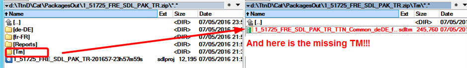 Two-pane file explorer window showing a project folder on the left and a package folder on the right with a label 'And here is the missing TM!!!' indicating the translation memory file is now included.