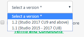 Dropdown menu for selecting a version of Trados Studio with options 1.2 (Studio 2017 CU9 and above) and 1.1 (Studio 2015 - 2017 CU8).