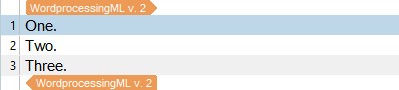 Screenshot of Trados Studio showing a filtered list of segments with only the first occurrences of repeated segments, numbers 1 to 3 labeled 'One', 'Two', and 'Three'.