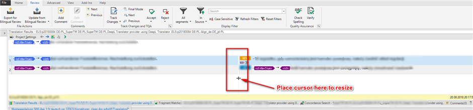 Trados Studio interface showing a segment with a red box highlighting the resize cursor at the edge of a text box.