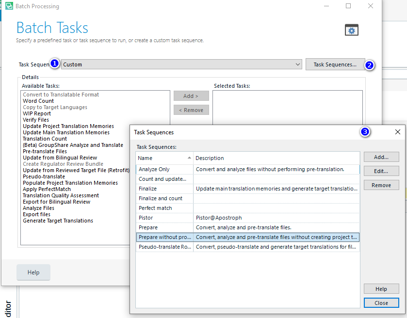 Trados Studio Batch Processing window with 'Custom' option selected in Task Sequences, showing available and selected tasks for batch processing.