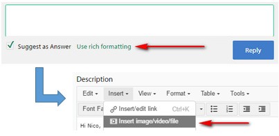 Screenshot of Trados Studio interface showing the 'Suggest as Answer' checkbox, 'Use rich formatting' option, and 'Reply' button. A red arrow points to the 'Insert imagevideofile' icon in the text editor.