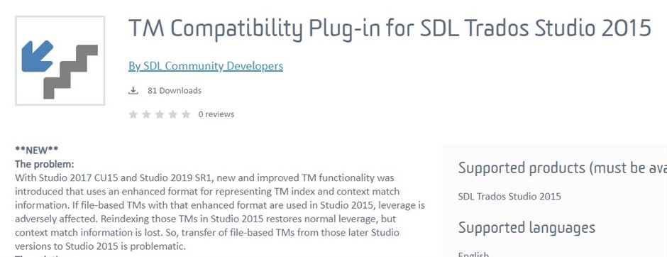 Screenshot of TM Compatibility Plug-in for SDL Trados Studio 2015 webpage, highlighting the issue with TM leverage when using Studio 2017 TMs in Studio 2015 and the solution to reindex TMs.