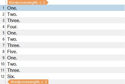 Screenshot of Trados Studio showing a list of segments with numbers 1 to 12, where segments 4, 8, and 12 labeled 'Four', 'Five', and 'Six' are unique and not repeated.